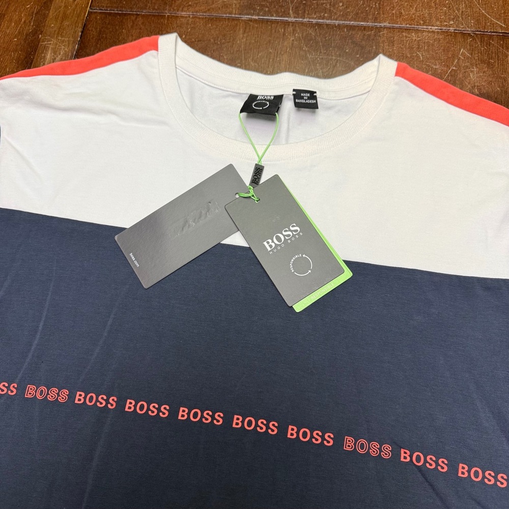 New BOSS Hugo Boss Tee 5 Mens XL Navy White Orange Colorblock Logo T-Shirt